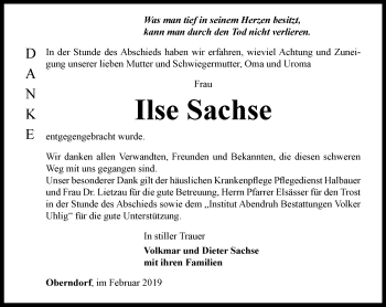 Traueranzeige von Ilse Sachse von Ostthüringer Zeitung