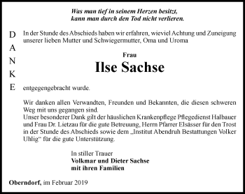 Traueranzeige von Ilse Sachse von Ostthüringer Zeitung