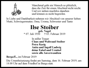 Traueranzeige von Ilse Stoiber von Ostthüringer Zeitung