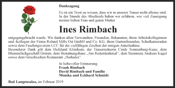 Traueranzeige von Ines Rimbach von Thüringer Allgemeine, Thüringische Landeszeitung