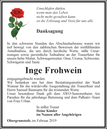 Traueranzeige von Inge Frohwein von Thüringer Allgemeine, Thüringische Landeszeitung