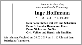 Traueranzeige von Inge Hoffmann von Ostthüringer Zeitung, Thüringische Landeszeitung