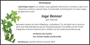 Traueranzeige von Inge Renner von Thüringer Allgemeine