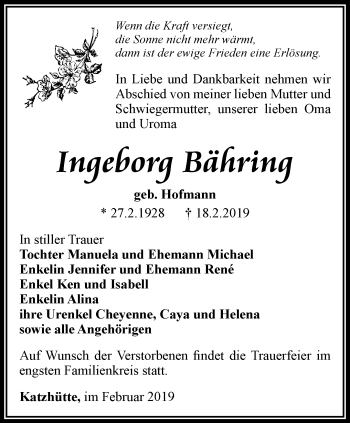 Traueranzeige von Ingeborg Bähring von Ostthüringer Zeitung