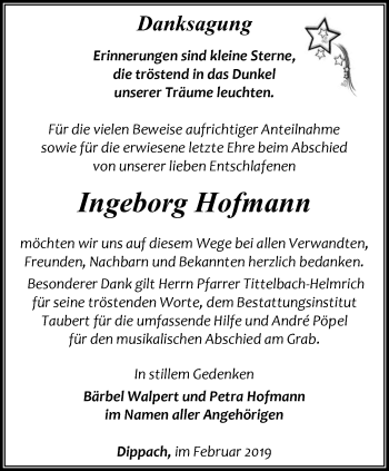 Traueranzeige von Ingeborg Hofmann von Thüringer Allgemeine, Thüringische Landeszeitung