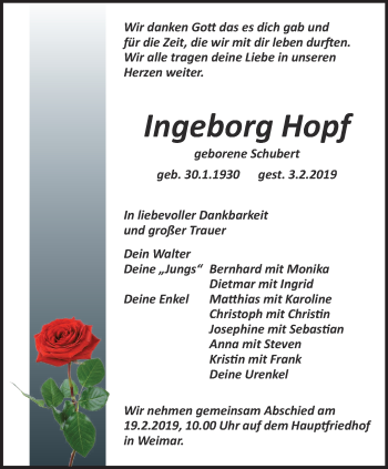 Traueranzeige von Ingeborg Hopf von Thüringer Allgemeine, Thüringische Landeszeitung