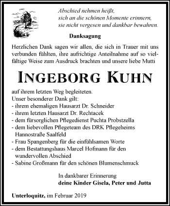 Traueranzeige von Ingeborg Kuhn von Ostthüringer Zeitung