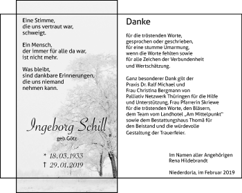 Traueranzeige von Ingeborg Schill von Thüringer Allgemeine, Thüringische Landeszeitung
