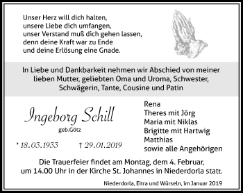 Traueranzeige von Ingeborg Schill von Thüringer Allgemeine, Thüringische Landeszeitung