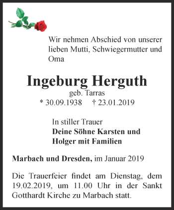 Traueranzeige von Ingeburg Herguth von Thüringer Allgemeine, Thüringische Landeszeitung