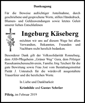 Traueranzeige von Ingeburg Käseberg von Ostthüringer Zeitung