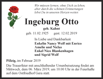 Traueranzeige von Ingeburg Otto von Ostthüringer Zeitung