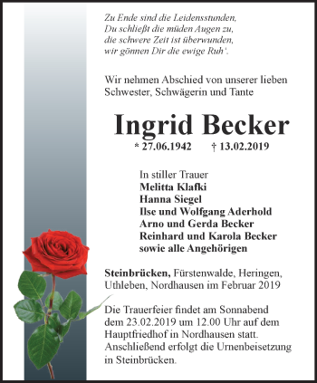 Traueranzeige von Ingrid Becker von Thüringer Allgemeine