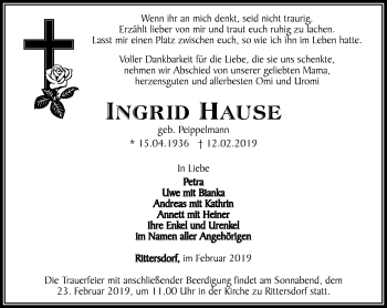 Traueranzeige von Ingrid Hause von Thüringer Allgemeine, Thüringische Landeszeitung