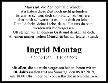 Traueranzeige von Ingrid Montag von Thüringer Allgemeine, Thüringische Landeszeitung