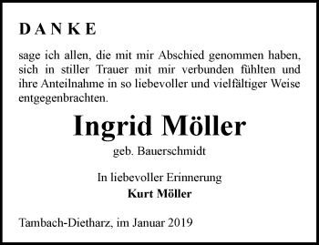 Traueranzeige von Ingrid Möller von Ostthüringer Zeitung, Thüringische Landeszeitung