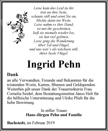 Traueranzeige von Ingrid Pehn von Thüringer Allgemeine