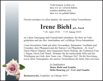 Traueranzeige von Irene Biehl von Thüringer Allgemeine