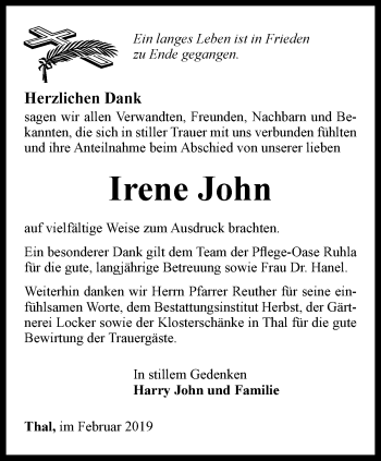 Traueranzeige von Irene John von Thüringer Allgemeine, Thüringische Landeszeitung