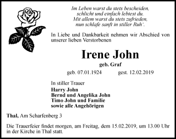 Traueranzeige von Irene John von Thüringer Allgemeine, Thüringische Landeszeitung