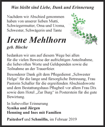 Traueranzeige von Irene Mehlhorn von Ostthüringer Zeitung