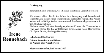 Traueranzeige von Irene Rennebach von Thüringer Allgemeine
