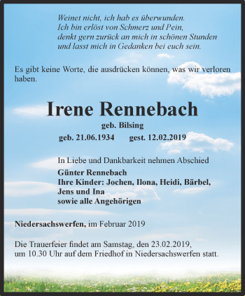 Traueranzeige von Irene Rennebach von Thüringer Allgemeine