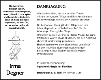 Traueranzeige von Irma Degner von Thüringer Allgemeine, Thüringische Landeszeitung