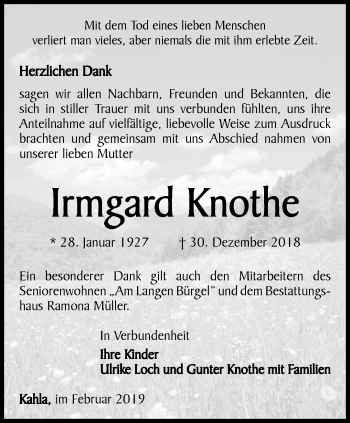 Traueranzeige von Irmgard Knothe von Ostthüringer Zeitung, Thüringische Landeszeitung