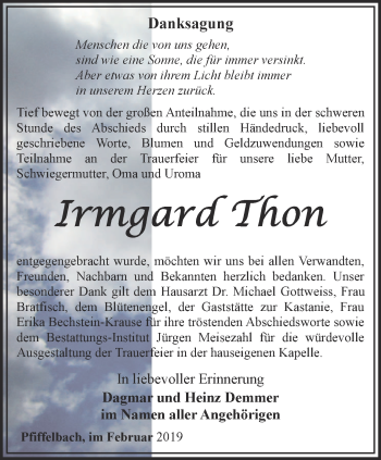 Traueranzeige von Irmgard Thon von Thüringer Allgemeine, Thüringische Landeszeitung