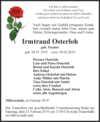 Traueranzeige von Irmtraud Osterloh von Thüringer Allgemeine, Thüringische Landeszeitung