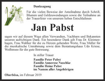 Traueranzeige von Jan Pabst von Thüringer Allgemeine