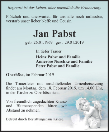 Traueranzeige von Jan Pabst von Thüringer Allgemeine