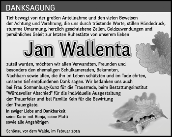 Traueranzeige von Jan Wallenta von Ostthüringer Zeitung, Thüringische Landeszeitung