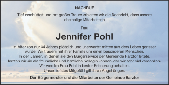 Traueranzeige von Jennifer Pohl von Thüringer Allgemeine