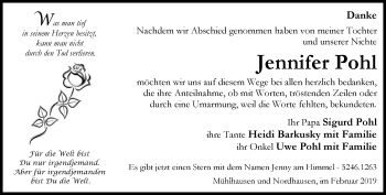 Traueranzeige von Jennifer Pohl von Thüringer Allgemeine, Thüringische Landeszeitung