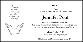 Traueranzeige von Jennifer Pohl von Thüringer Allgemeine, Thüringische Landeszeitung