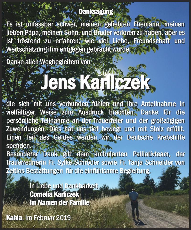  Traueranzeige für Jens Karliczek vom 02.02.2019 aus Ostthüringer Zeitung, Thüringische Landeszeitung