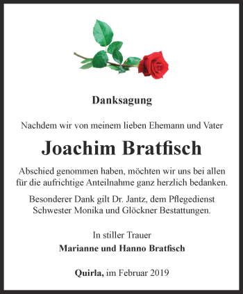 Traueranzeige von Joachim Bratfisch von Ostthüringer Zeitung