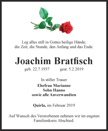 Traueranzeige von Joachim Bratfisch von Ostthüringer Zeitung