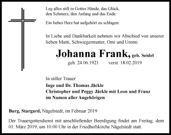 Traueranzeige von Johanna Frank von Thüringer Allgemeine, Thüringische Landeszeitung