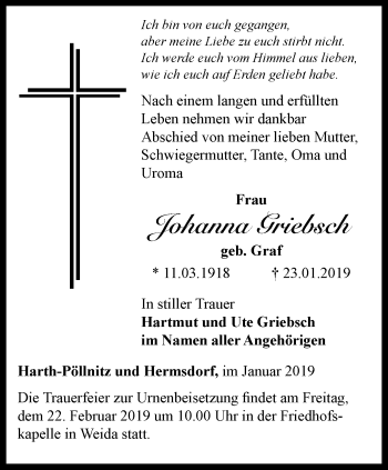 Traueranzeige von Johanna Griebsch