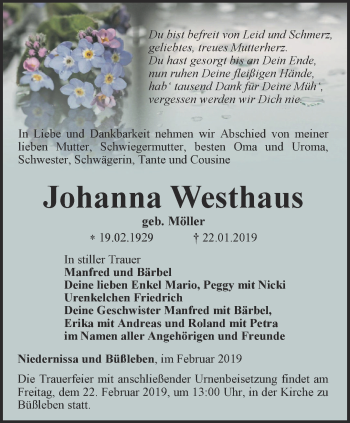 Traueranzeige von Johanna Westhaus von Thüringer Allgemeine, Thüringische Landeszeitung