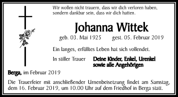 Traueranzeige von Johanna Wittek von Ostthüringer Zeitung