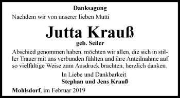 Traueranzeige von Jutta Krauß von Ostthüringer Zeitung