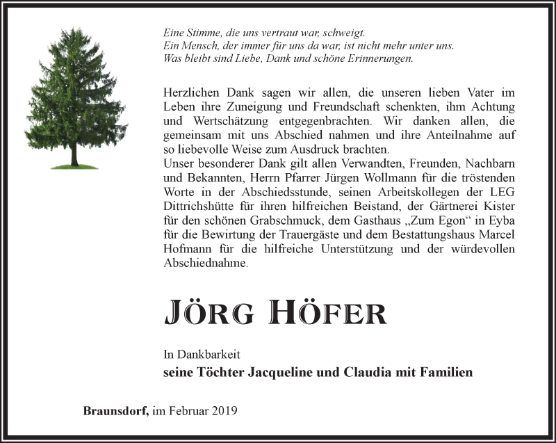  Traueranzeige für Jörg Höfer vom 09.02.2019 aus Ostthüringer Zeitung