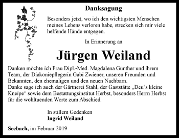 Traueranzeige von Jürgen Weiland von Thüringer Allgemeine, Thüringische Landeszeitung