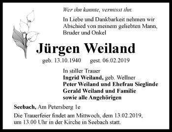 Traueranzeige von Jürgen Weiland von Thüringer Allgemeine, Thüringische Landeszeitung