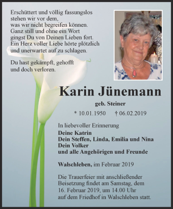 Traueranzeige von Karin Jünemann von Thüringer Allgemeine, Thüringische Landeszeitung