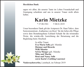 Traueranzeige von Karin Mietzke von Thüringer Allgemeine
